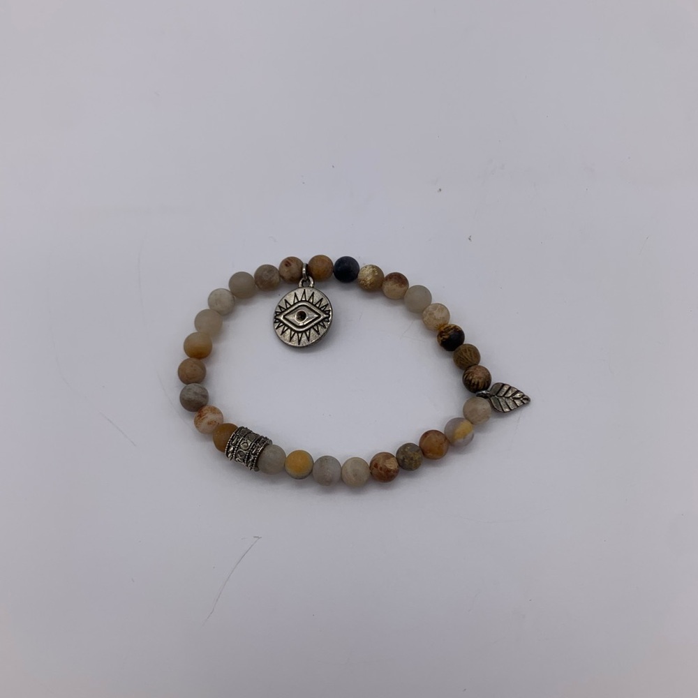 6mm Agate Fossil Coral OS Stretch Bracelet With Evil Eye, Alloy Spacer Charms